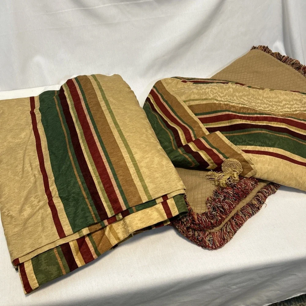 Custom Made Queen Bedskirt and 4 Shams Gold Green Red Stripe Tassel Fringe  1399